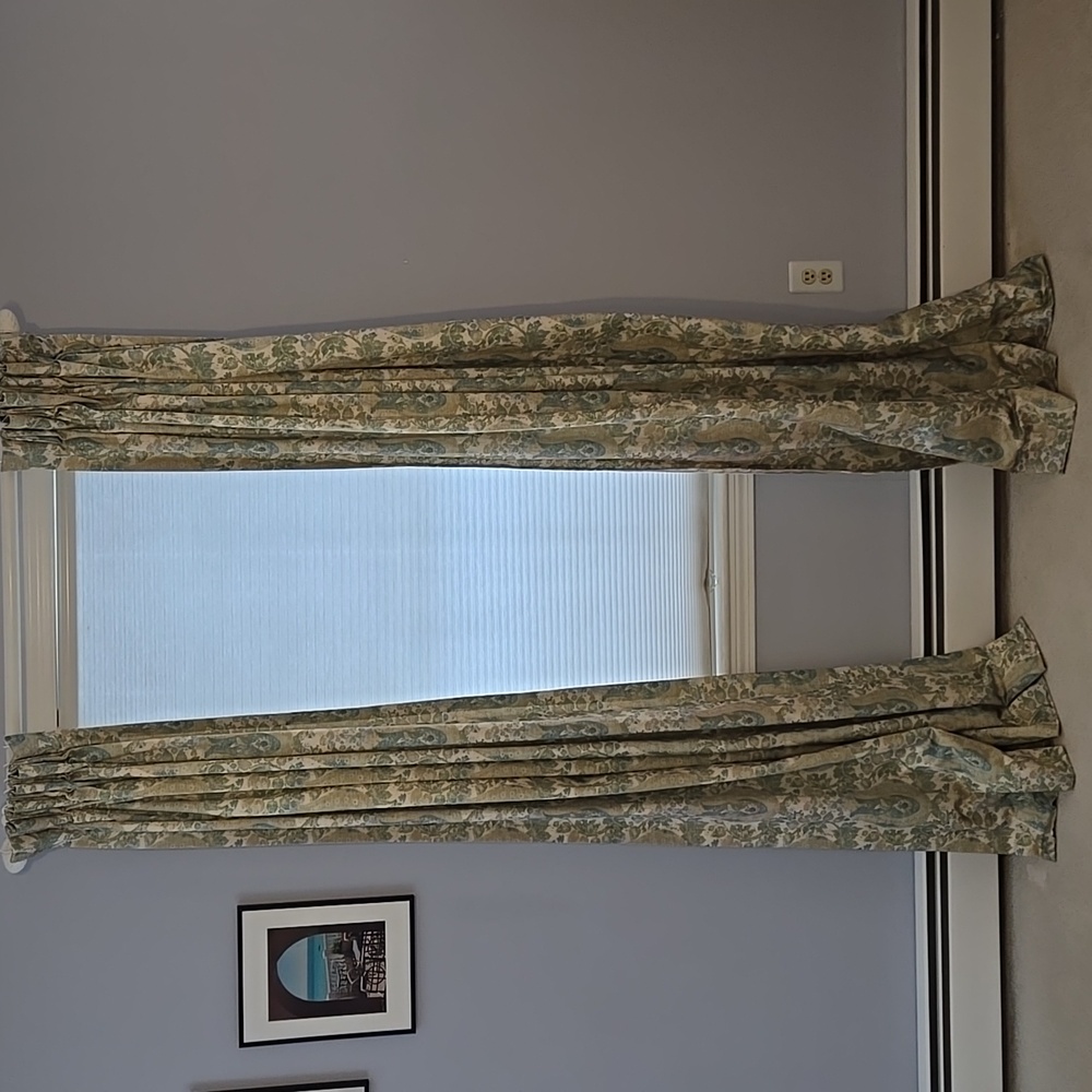 Custom-made pinch pleat curtain panels. Blue/Green. PRICE REDUCED $15 per Panel.